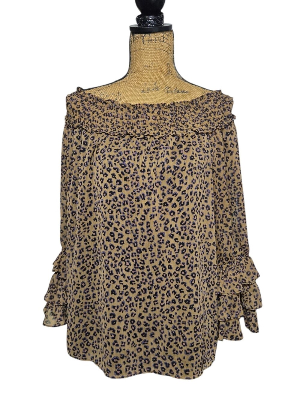 CeCe Off-the-shoulder Leopard Print Blouse w Tiered Ruffle Sleeves Sz XL